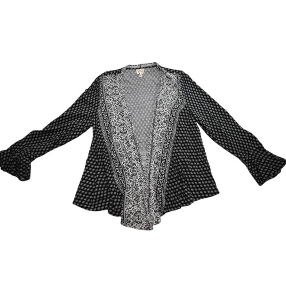 Fig and Flower Kimono Cardigan Open Front Black White Paisley Boho XL‎